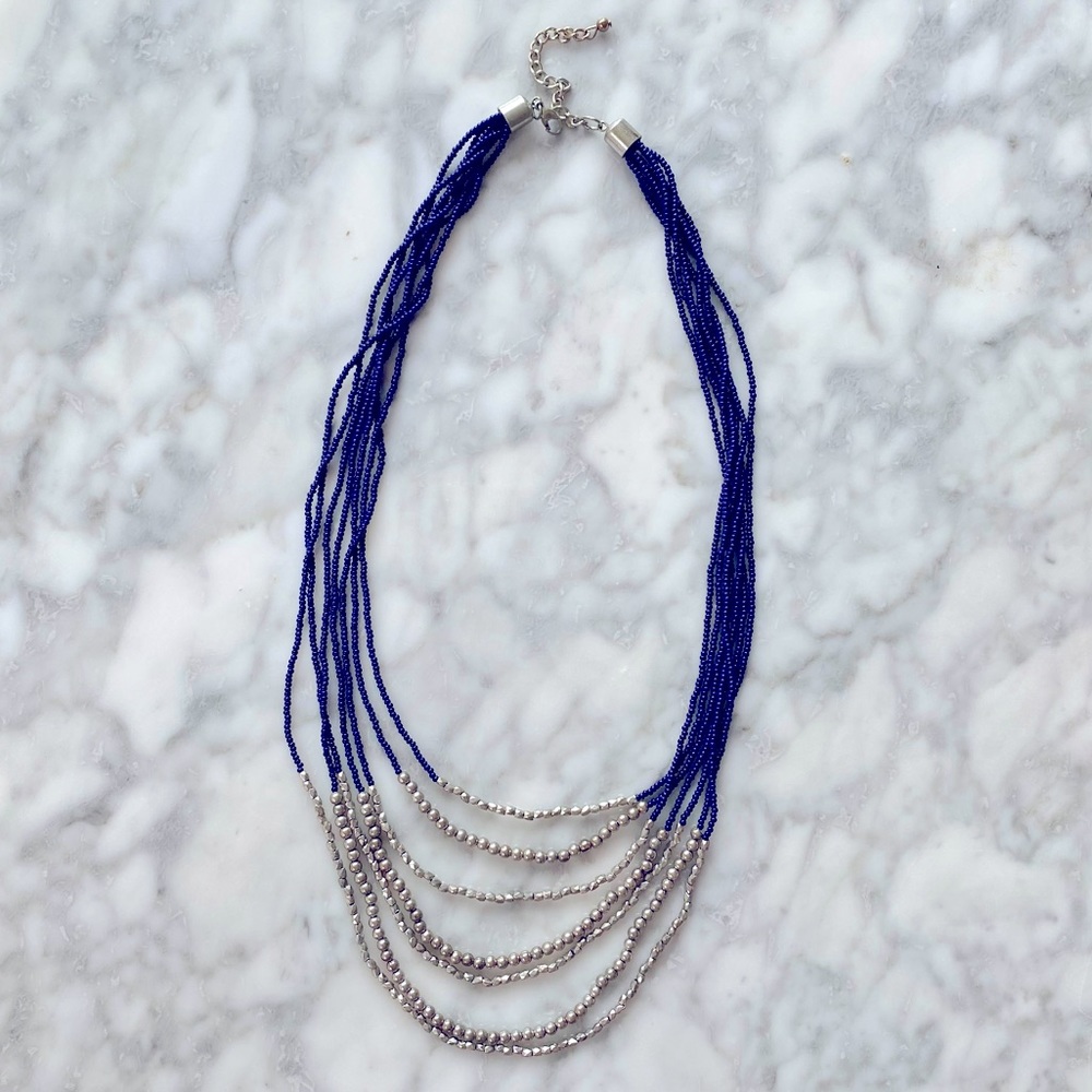 Navy Blue + Silver Beaded 3-layer Necklace